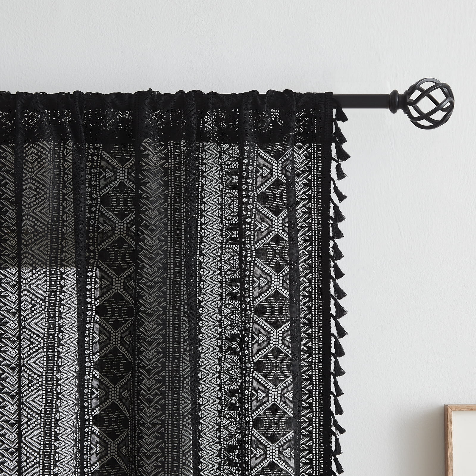 Bohogeo Black Linen Textured Tassel Sheer Lace Curtain Panels, Chic Crochet Geometry Knitting Rod Pocket Window Drapes for Living Room Bedroom, 2 Panels,63" L x 40" W