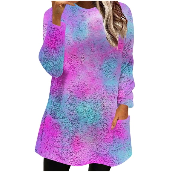 Womens Long Sweatshirts Sherpa Fleece Tunic Tops with 2 Pockets Tie Dye Multicolor Casual Trendy Fuzzy Sweaters (XL, Purple)