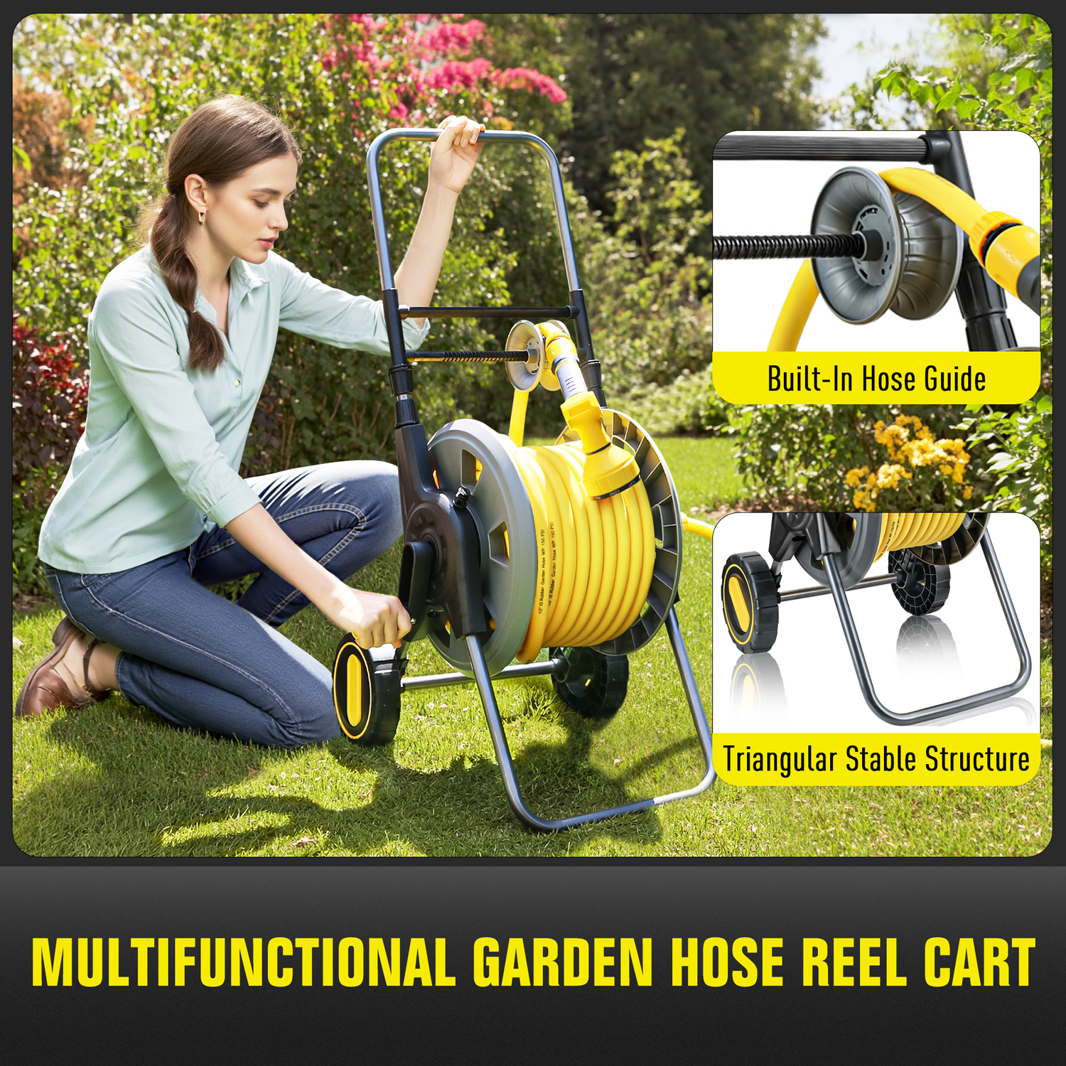 Hose Reel Cart with Wheels, Include 100FT Water Hose and Sprayer Nozzle, Portable Garden Hose Set for Watering Flowers, Cleaning Floors, Washing Cars Outside