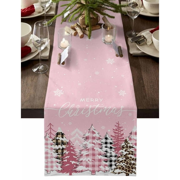 Christmas Table Runner Merry Christmas Table Runners Check Plaid Xmas Tree Snowflake Pink Cotton Linen Dresser Scarf Kitchen Dining Table Decor for Christmas Holiday Party Decor 13x72 Inch