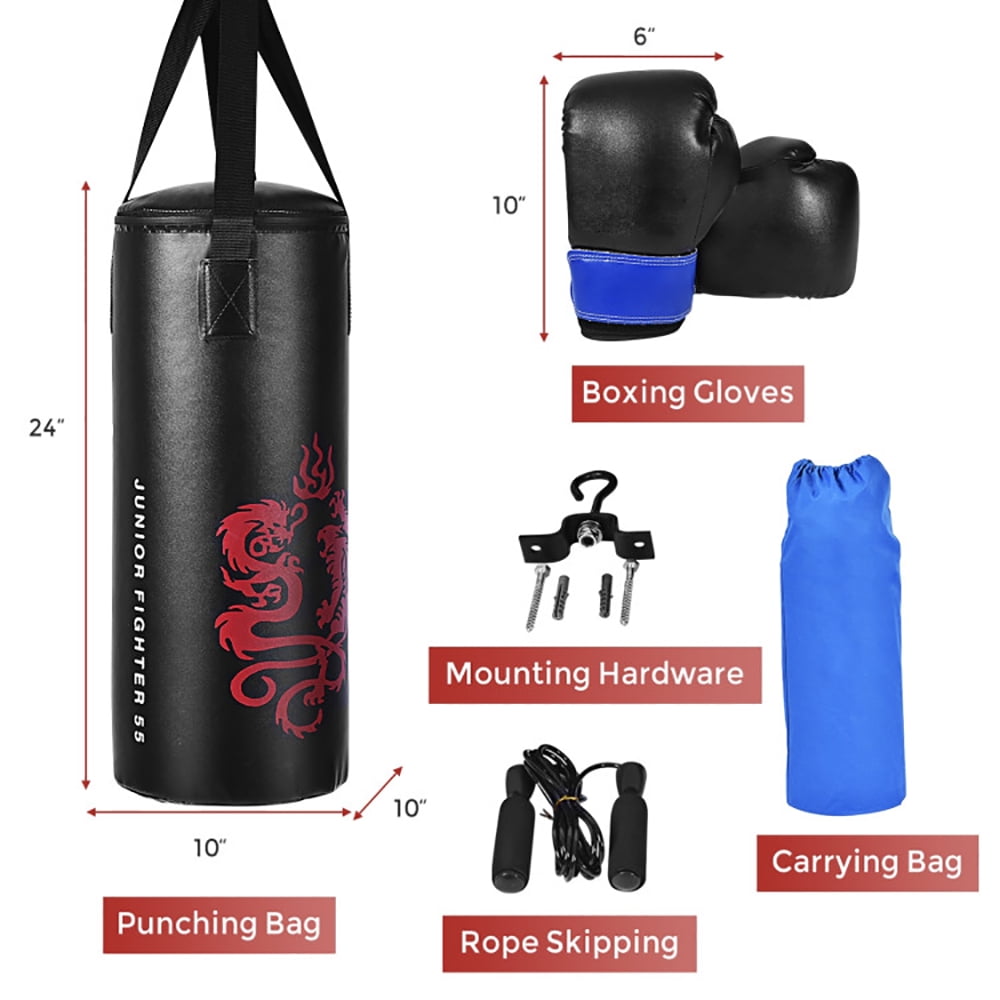 Demifill 2 Feet Kids Gloves Skipping Rope Boxing Set, Kids Punching Bag, Filled Kick Ball for Children Kids, Wall-Mounted Kicking Bag for Boxing, Taekwondo, Kickboxing, Martial Arts, Black