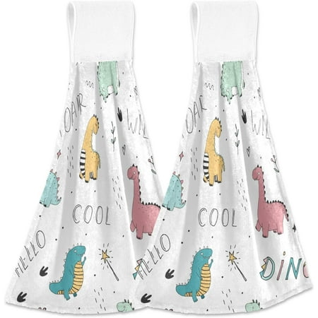 

SKYSONIC Hanging Kitchen Towel 12 x 17 Inch Cartoon Dinosaur Towel Set 2 Pieces of Dry Towels