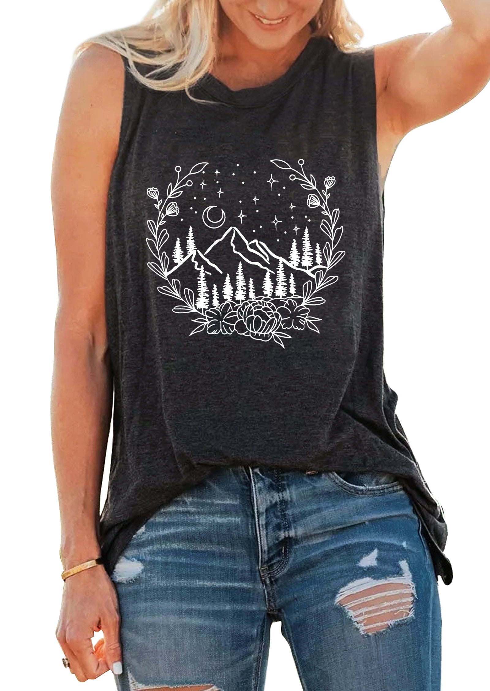 Camping Tank Tops for Women Funny Mountain Floral Graphic Tee Shirt