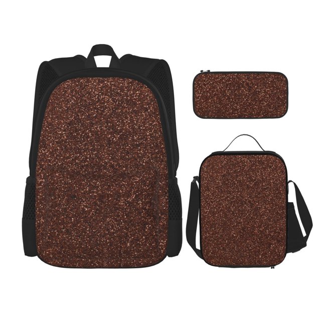 Easygdp Dark Brown Glitter Mochila para Niños y Niñas con Set de Caja de Almuerzo y Estuche para Lápices 3 en 1, Mochila Escolar Estampada para Adolescentes