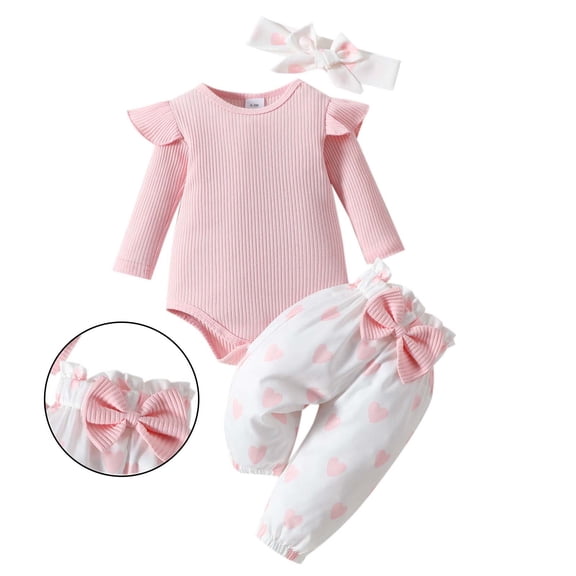 Valentine Outfit Baby Girl Long Sleeve Heart Print Ruffle Romper Bodysuit Pants and Headband Set Cute Baby Girl Outfit Outfit Girl 12-18 Months