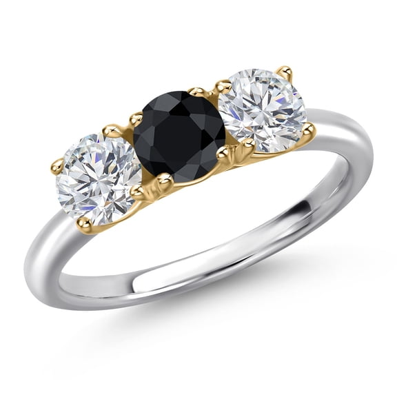 Gem Stone King 925 Silver and 10K Yellow Gold Black Sapphire and Lab Grown Diamond Engagement Ring for Women | 1.69 Cttw | Round 5MM | Gemstone September Birthstone | Size 5