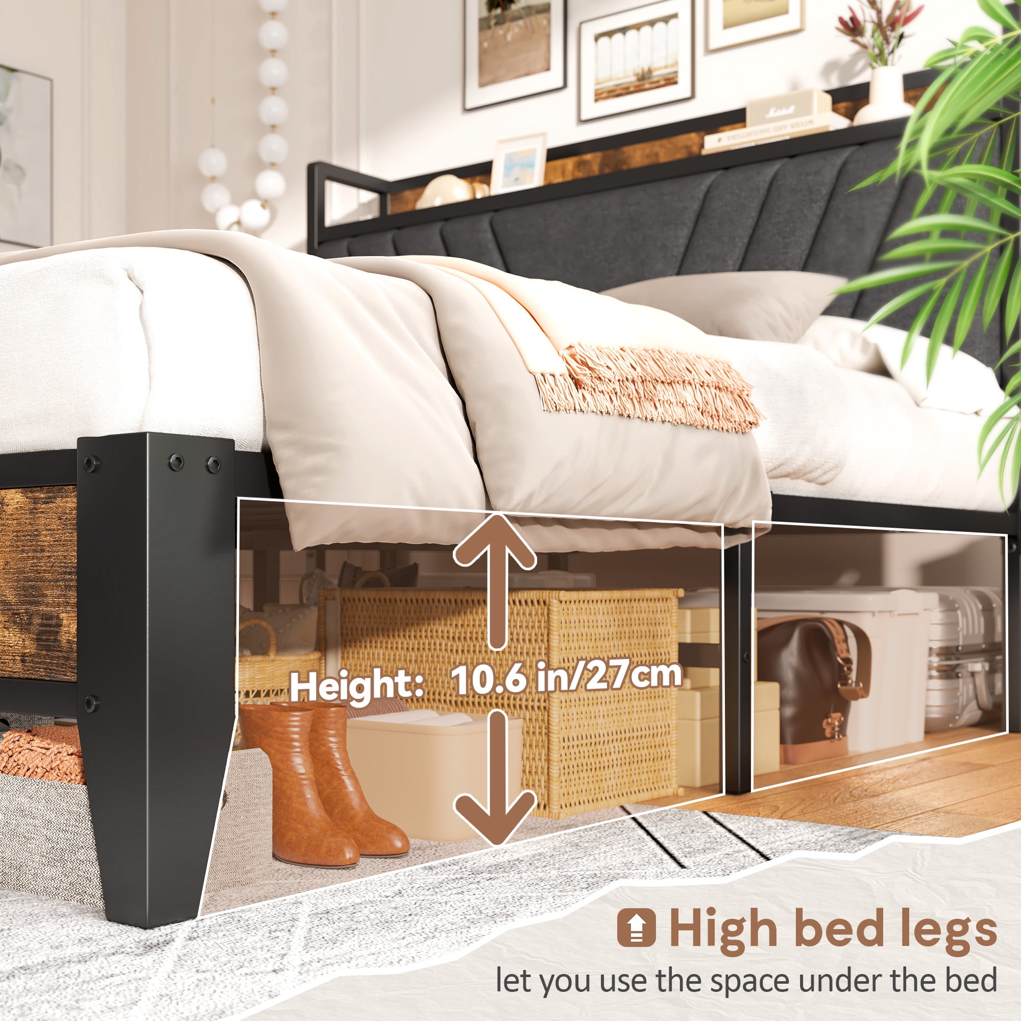 EnHomee Full Size Bed Frame with Headboard Full Bed Frame with Storage  & Charging Station, Vintage Brown