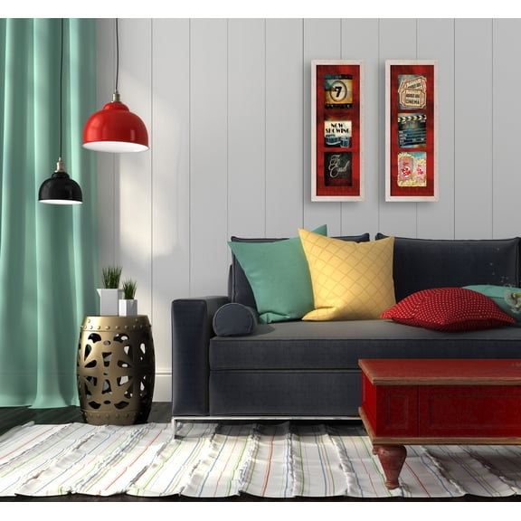 Gango Home Decor Contemporary Movie Entertainment Wall Art; Two Red 6x18in Art Prints in Distressed White Frames