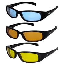 3 Pairs of MF Eyewear Bad Attitude Motorcycle Glasses Shatterproof Polycarbonate Black Frame UV400 Filter, Scratch-Resistant Motorcycle Riding Glasses Blue, Orange & Yellow Lenses