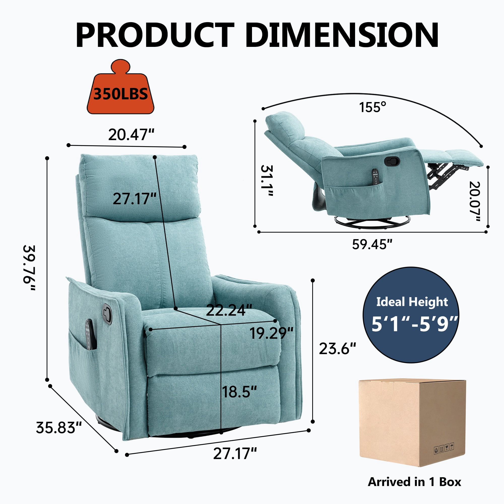 CARZZI Massage Chair Recliner with Heat, Swivel Rocking Chair Recliner with High Back, Manual Lazy Boy Recliners for Adults,Small Recliner Chair for Small Spaces, Living Room Bedroom, Fabric (Green)