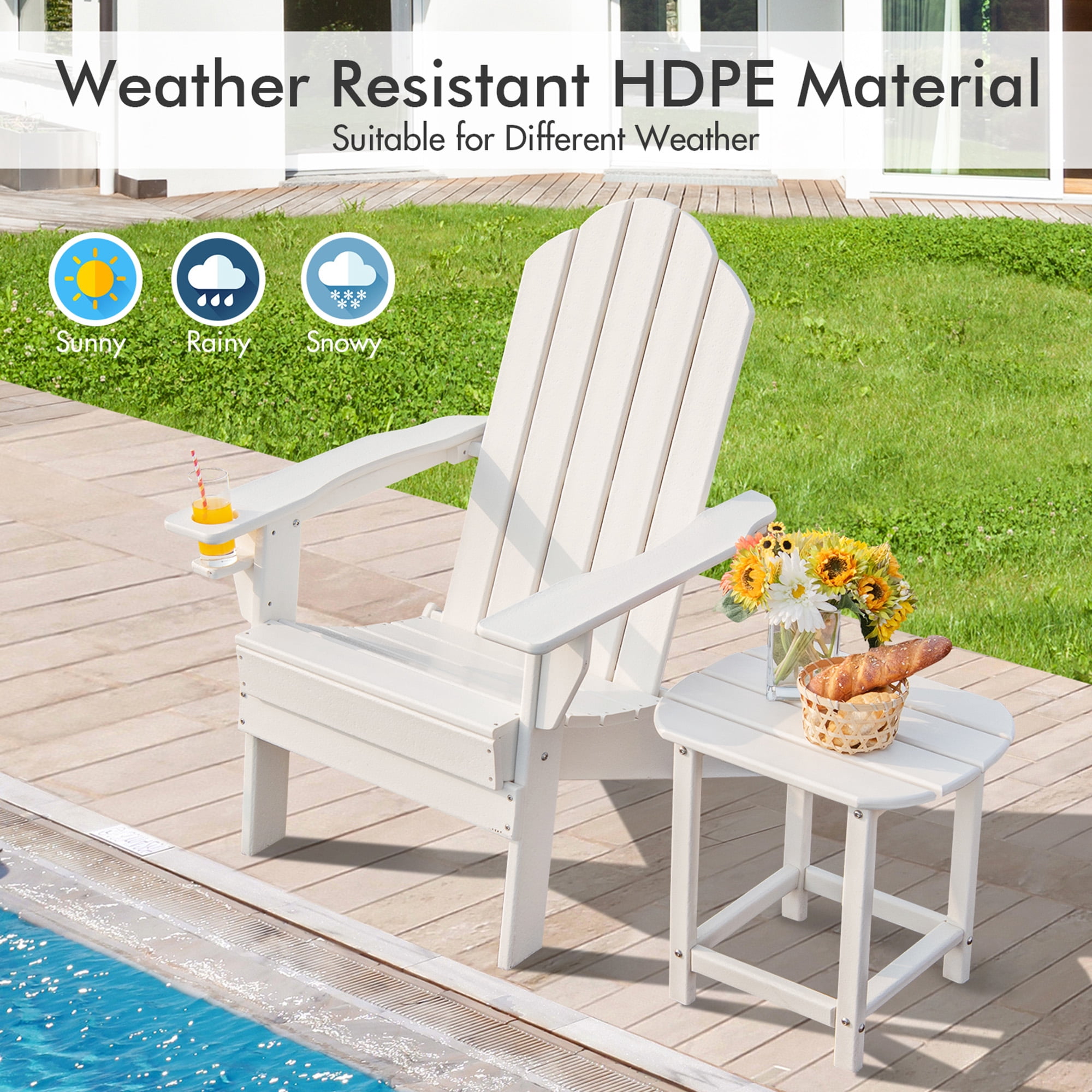 Gymax 2PCS Patio Folding Adirondack Chair Weather Resistant Cup Holder Yard White