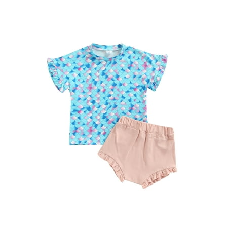 

TheFound Toddler Little Girls Summer 2pcs Clothes Fish Scale Print Ruffles Short Sleeve Tops+ Solid Shorts Sets