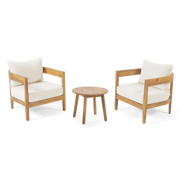 GDF Studio Burrough Outdoor Acacia Wood 3 Piece Chat Set with Cushions, Teak and Beige