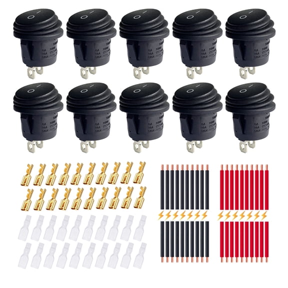 On Off Waterproof Round Rocker Switches, Ampper 2 Pin 12V DC & 250V/125V AC 20MM Round SPST Toggle Switch with Wires and Terminals (Black - Lightless, Pack of 10)