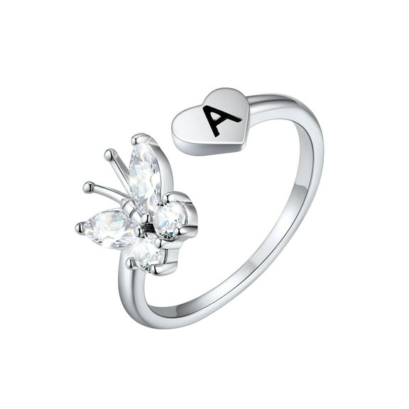U7 Butterfly Sterling Silver Rings for Women Adjustable Open Band Initial Ring Heart Letter A Birthday Christmas Mothers Day Jewelry Gift for Mom Wife Daughter