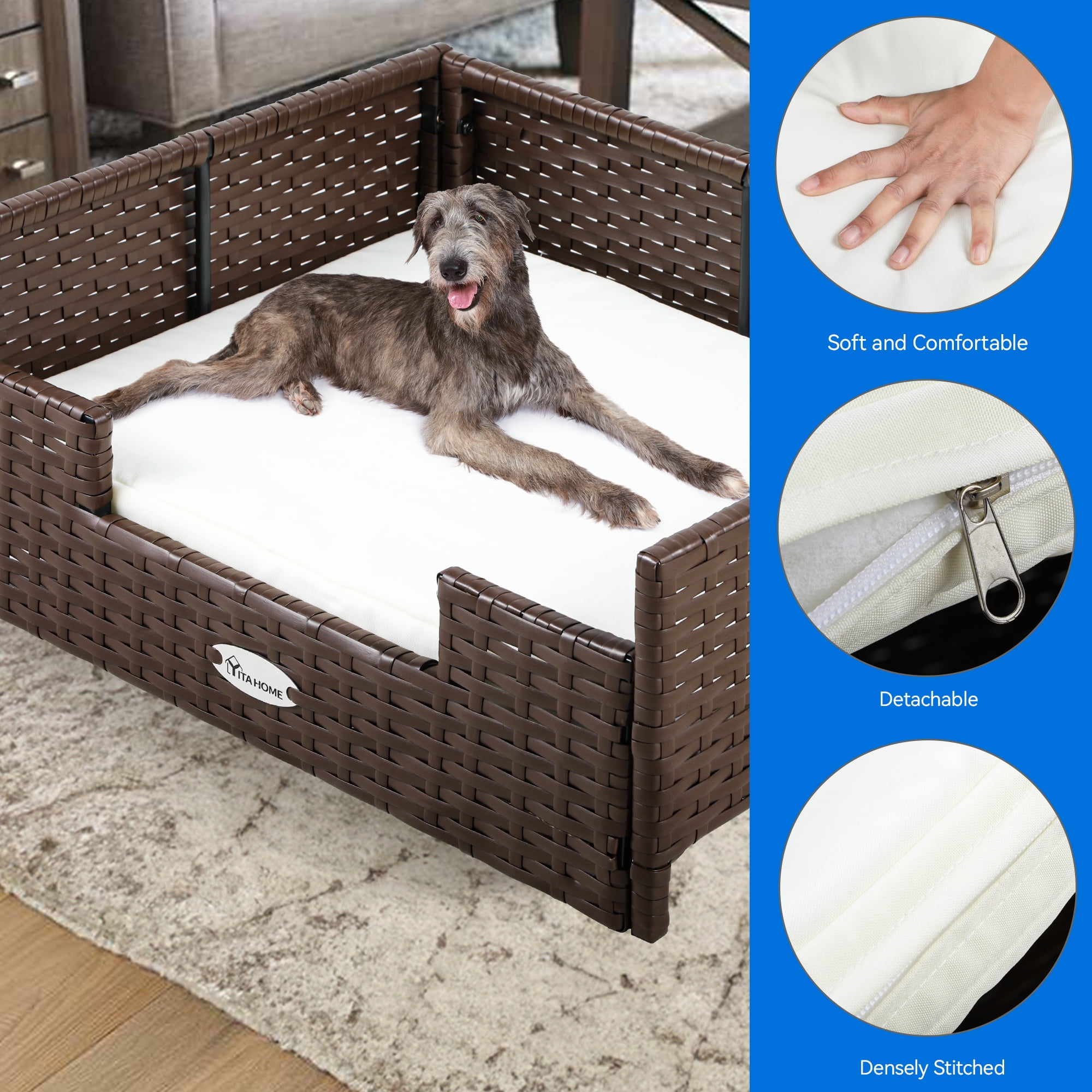 Dextrus Rattan Dog Bed for Large Medium Dogs and Cats, 34.6''Lx23.6''Wx11.8''H Indoor Outdoor Pet Bed with Beige Cushion
