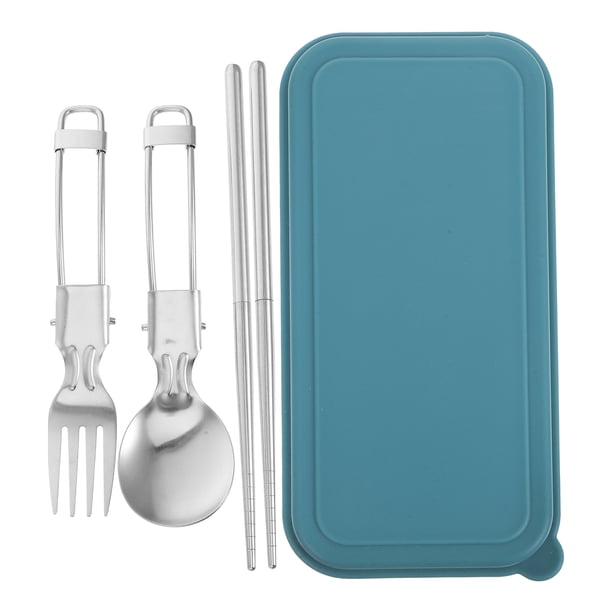 juego de utensilios de viaje con estuche, cuchara, tenedor y palillos plegables, juego de cuchara y tenedor de acero inoxidable portátil, utensilios reutilizables para acampar, senderismo y mochileros
