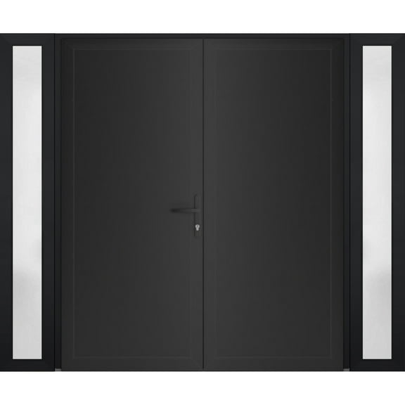 Front Exterior Prehung Metal-Plastic Double Doors / MANUX 8111 Matte Black / 2 Sidelites Exterior Windows / Office Commercial and Residential Doors Entrance Patio Garage 100 x 80