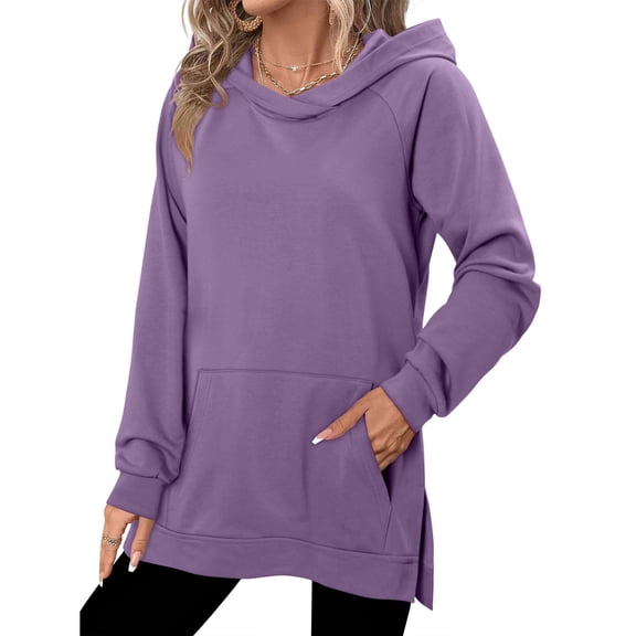 ZHYou Women Long Hooded Sweatshirts,Pullover,Casual Basic Tops,Soft,Side Split Hoodies for Women,Purple,Size L