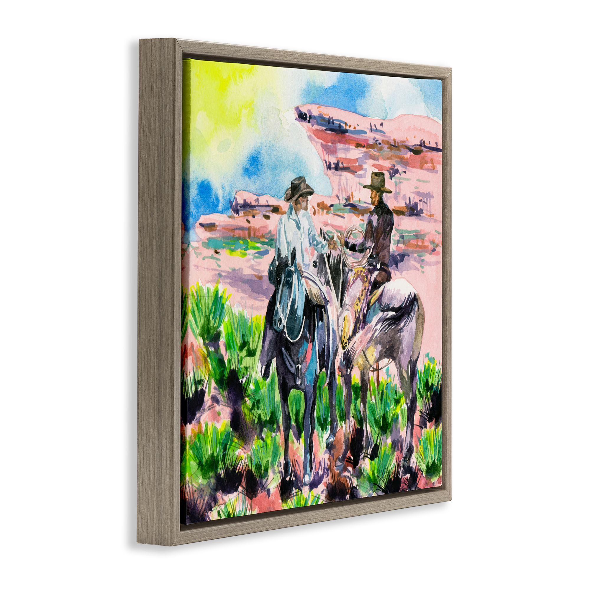 Stupell Industries Sunny Canyon Cowboys Animals Painting Brown Floater Framed Canvas Art Print Wall Art, 25 x 25