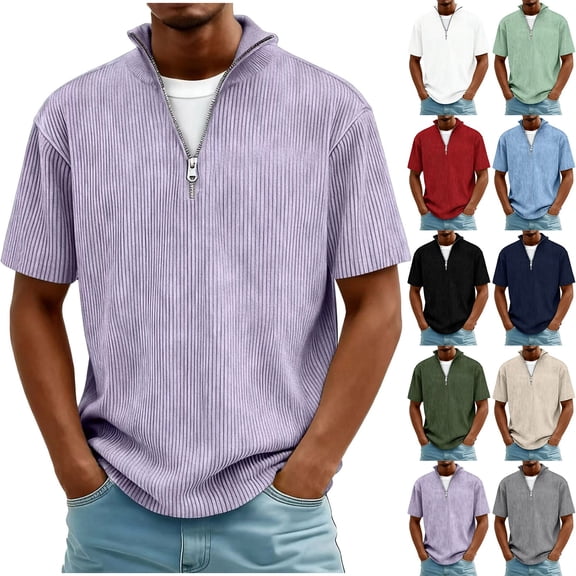 HomeDM Men's Short Sleeve Quarter Zip Shirts, Casual Solid Color Summer Basic Tee, Purple