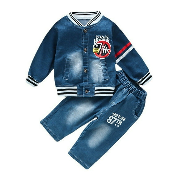Spring and Autumn Boys' Baby Clothing Set Fashion Cotton Top Pants Two-piece Boys' Neonatal Cartoon Denim Set.
