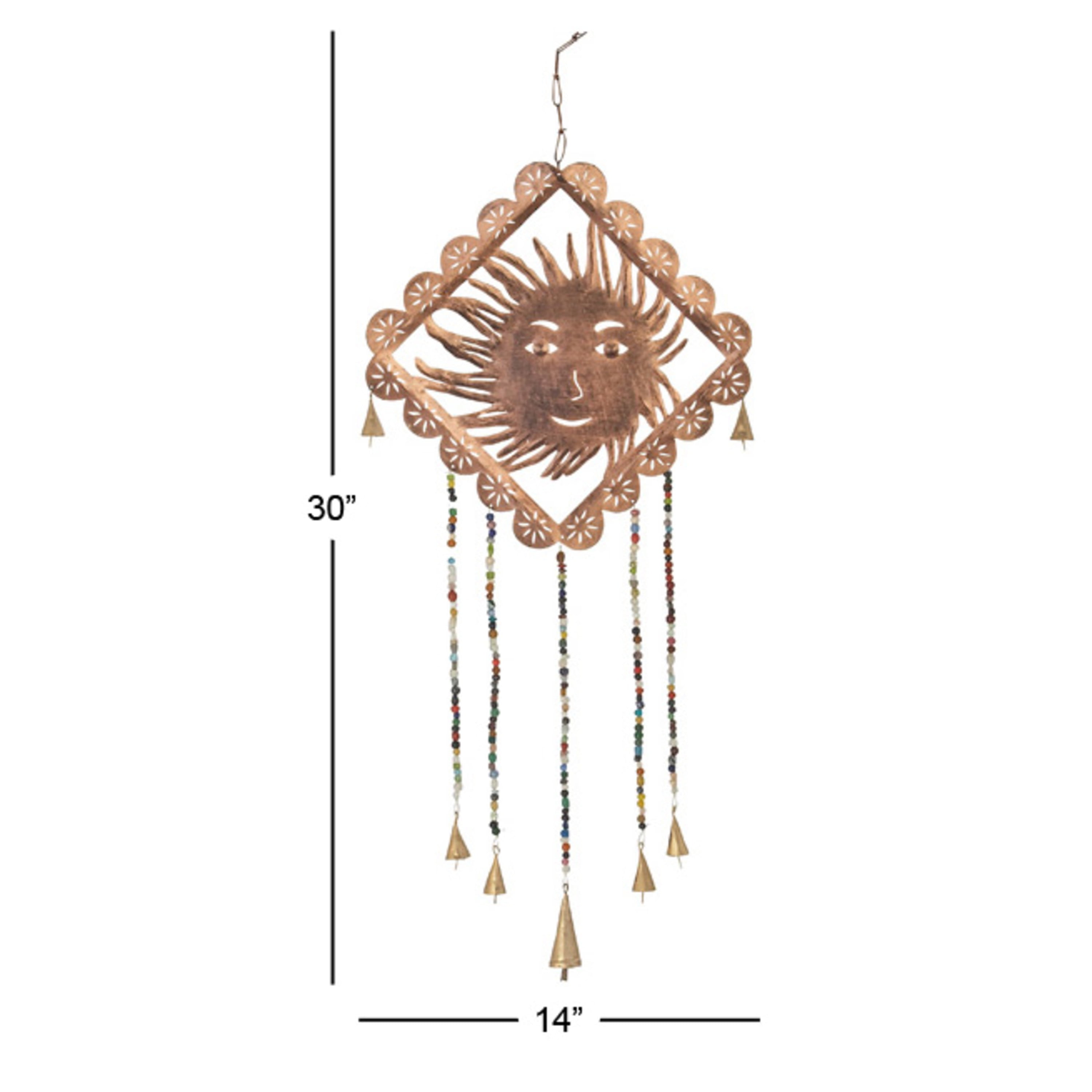 DecMode 30" Gold Metal Sun Windchime with Glass Beads and Cone Bells