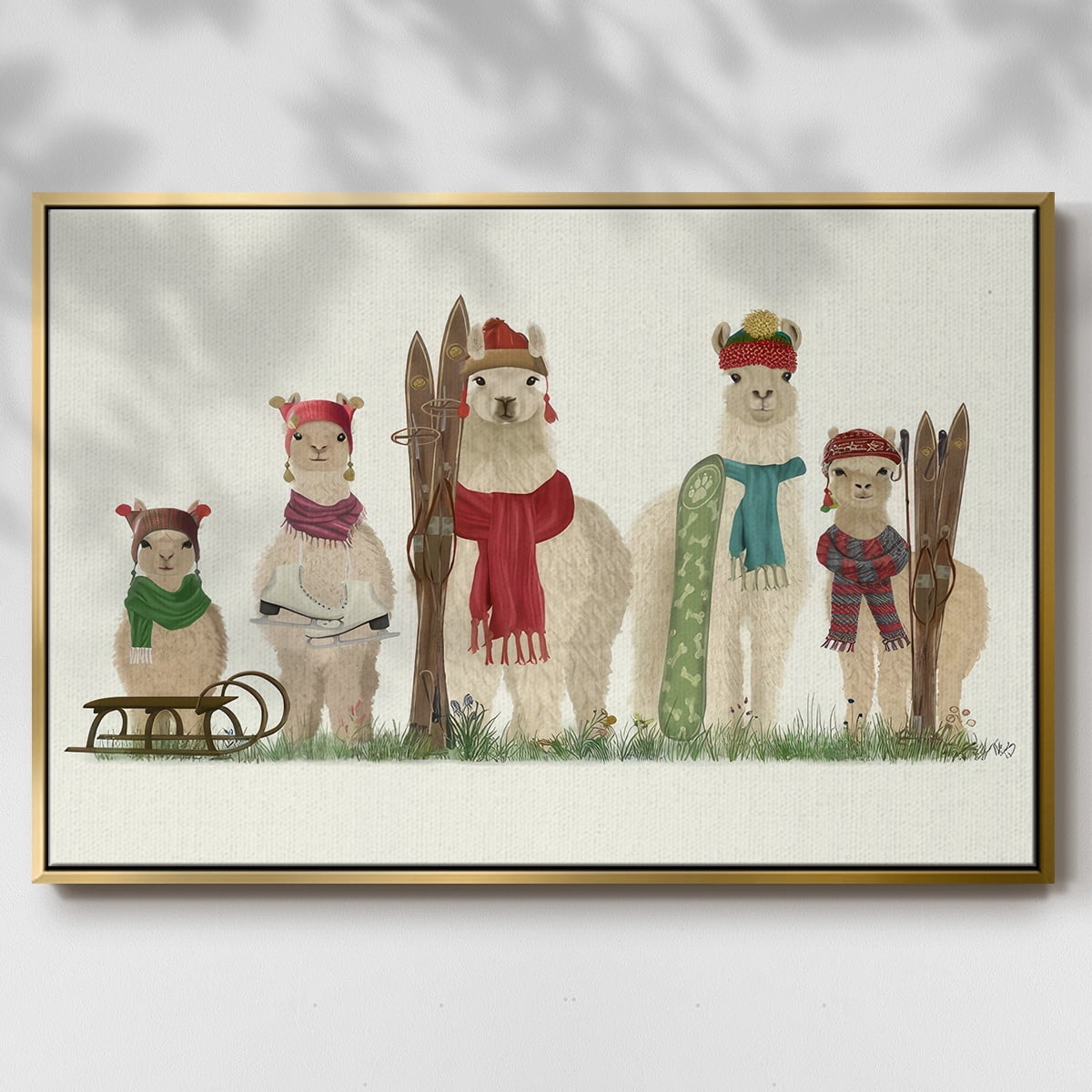 Llama Family Winter Sports - Framed Gallery Wrapped Holiday Canvas - 17 x 25 - Gold Frame
