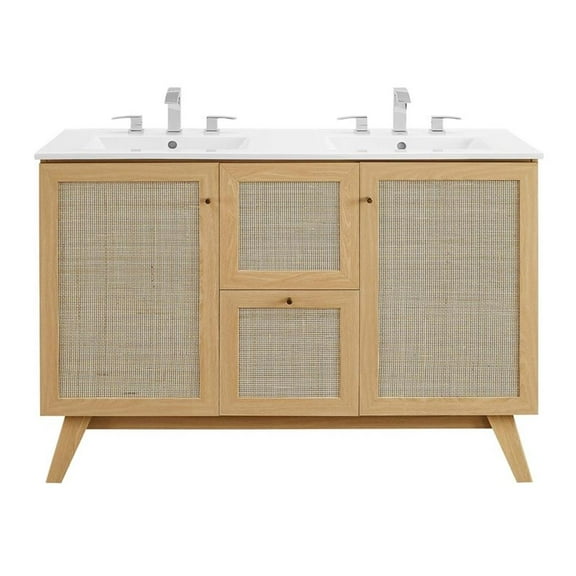 Pemberly Row 48" Double Sink Modern Wood Bathroom Vanity in Oak and White