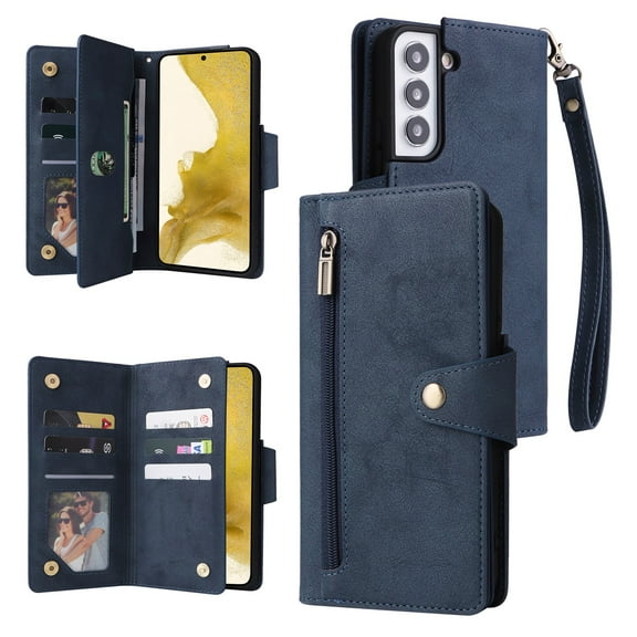 SaniMore for Samsung Galaxy S23 Plus Case, PU Leather 2 in 1 Zipper Wallet Removeable Wrist Strap Card Slots Cash Pocket Kickstand Shockproof Anti-fall Full Protective Shell For Galaxy S23 Plus, Blue
