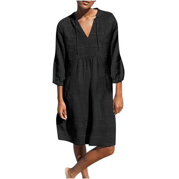 Women's Knee Length Loose Dress with Pocket Solid Color V Neck Drawstring Elegant Casual Playwear Trendy Girls Clearance 3/4 Sleeve Spring Black XXXL
