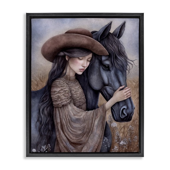 Stupell Industries Transitional Girl with Black Stallion Black Floating Frame Canvas Art, 17 x 21, by The Dutch Lady