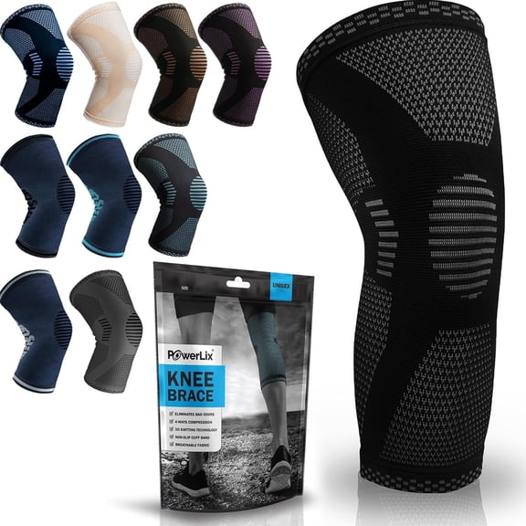 Powerlix Knee Compression Sleeve, Knee Support for Sports & Recovery, Brace for Men & Women (Black, Large)