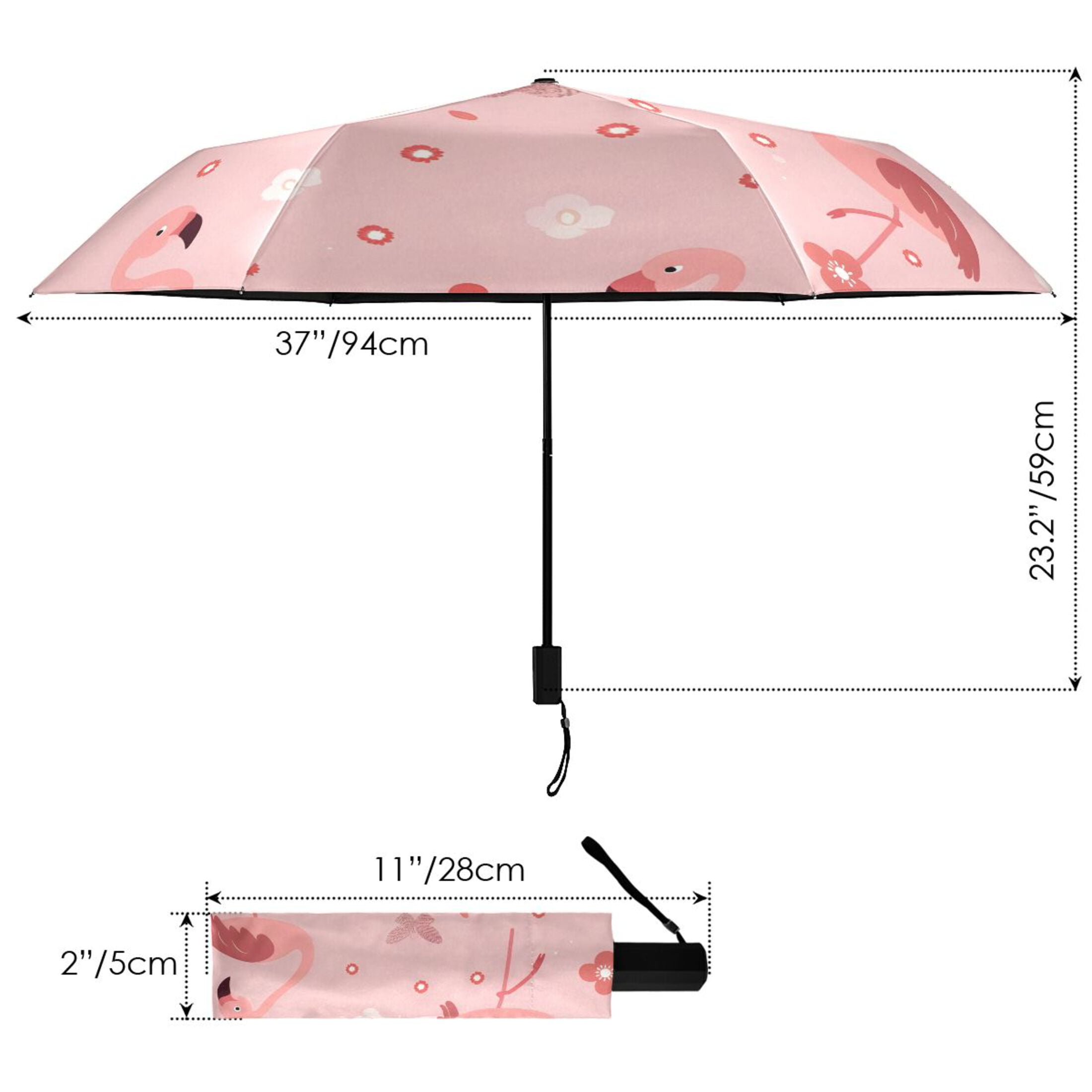 Flamingos and Flowers All Weather Umbrella Triple Folding Parasol 6 Ribs UV Protection Portable