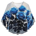thumbnail image 4 of Romantic Blue Rose Butterfly White And Grey Women's V-Neck Blouse With 3/4 Ruffled Bell Sleeves Casual Top Ladies Blouses, 4 of 7