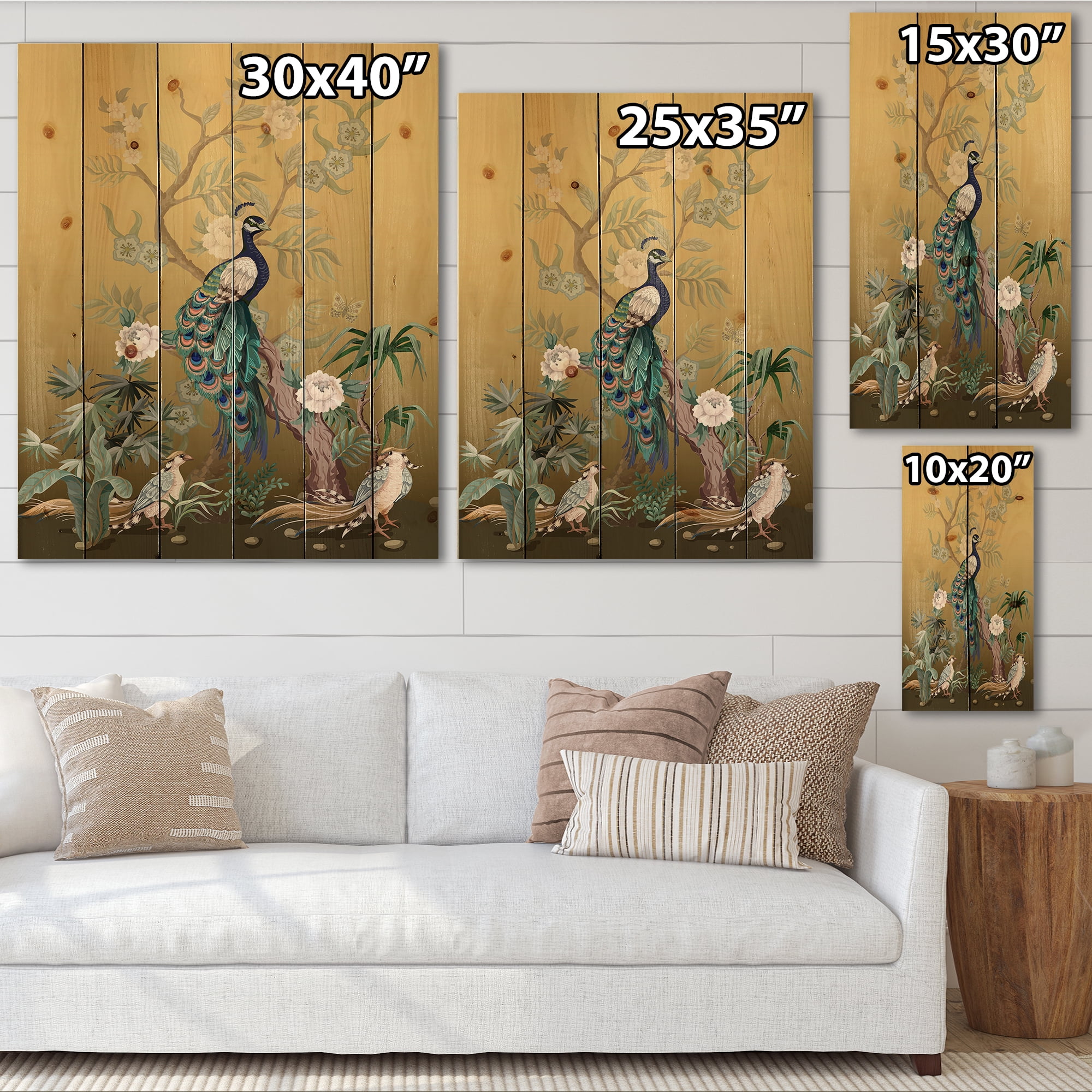 Designart 'Chinoiserie With Peonies and Birds VI' Traditional Print on Natural Pine Wood