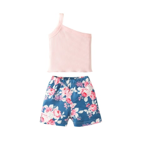 

Suanret Infants Baby Girls 2PCS Summer Outfits Sleeveless One Shoulder Knit Tops Floral Shorts Set Pink 12-18 Months