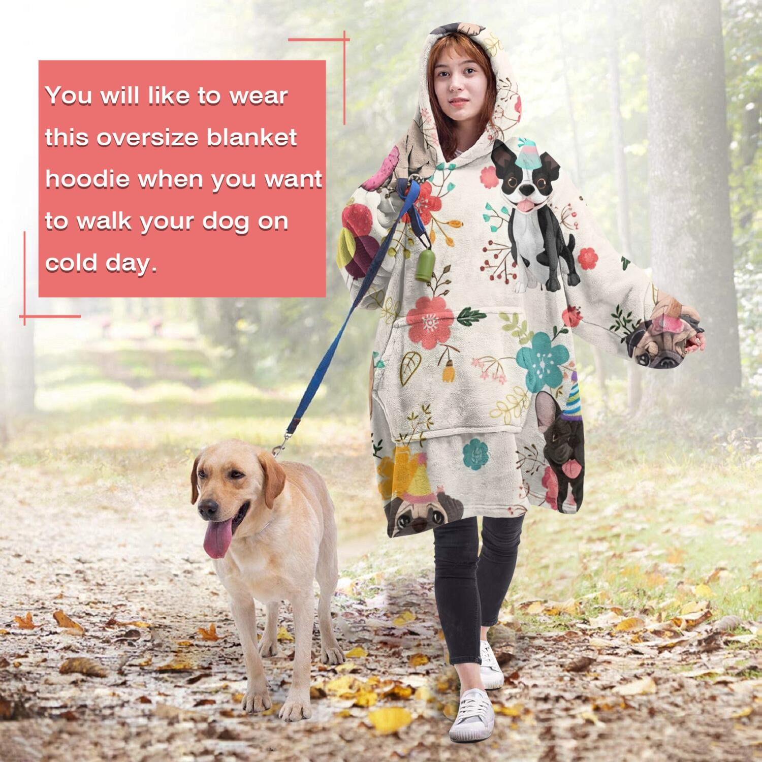 Wearable Oversized Blanket,Dogs with Party Hats and Flowers Wearable Blanket Hoodie for Adults,Cozy Hooded Blankets with Super Pockets,Super Warm Fuzzy Pullover for Women & Men