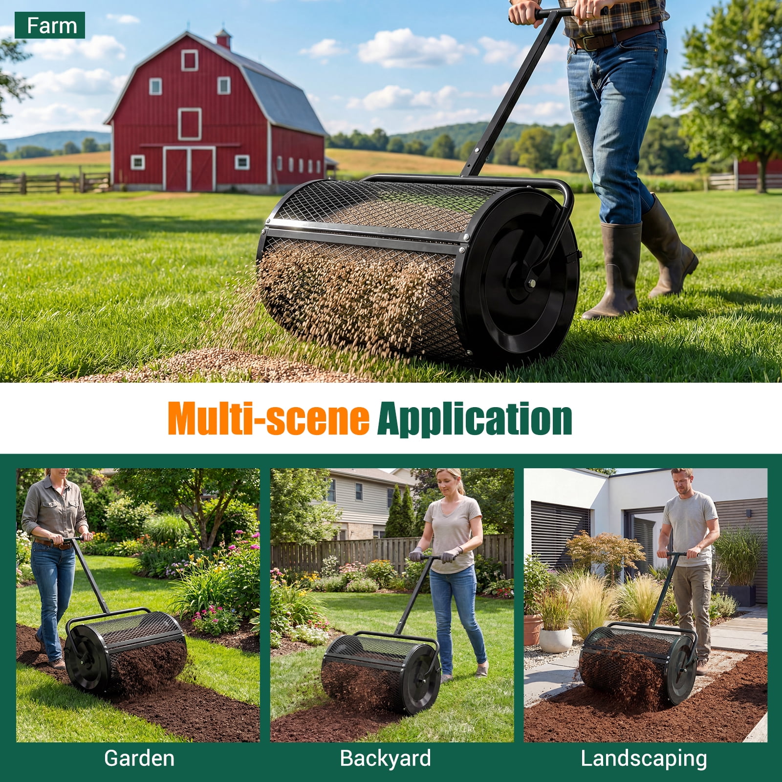 Gymax Compost SpreaderPeat Moss Spreader Roller w/Height-adjustable T-shape Handle Black