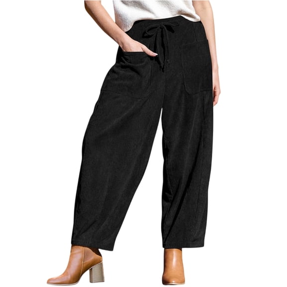 TOMVIGX Barrel Pants Women Wide Leg Flowy Corduroy Travel Pants Elastic Waist Baggy Cropped Lounge Trousers with Pockets Black S