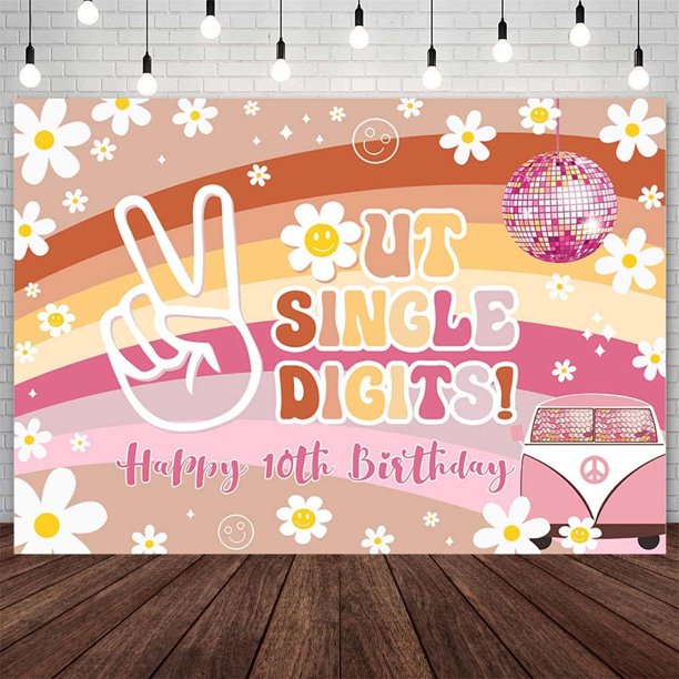 Fondo de un solo dígito para fiesta de feliz décimo cumpleaños, decoraciones bohemias con arcoíris, estilo disco, margaritas, flores, pastel de cumpleaños, pancarta de mesa, accesorios para fotomatón