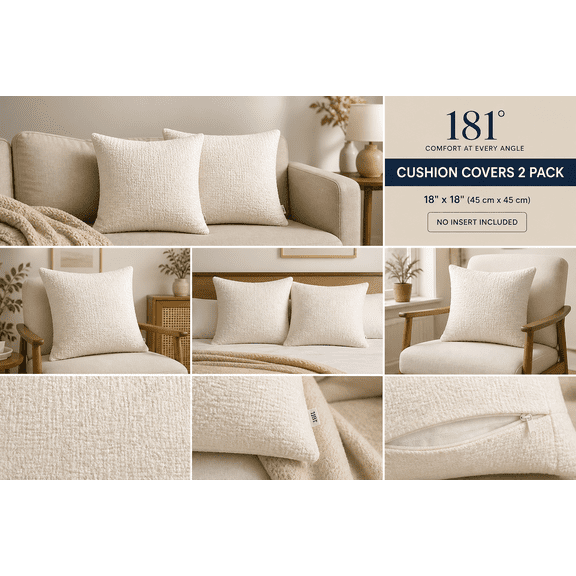 181 Degrees Cushion Covers 18x18 Inch 2 Pack, Decorative Throw Pillow Covers, Soft Textured Fabric, , No Insert, Neutral White