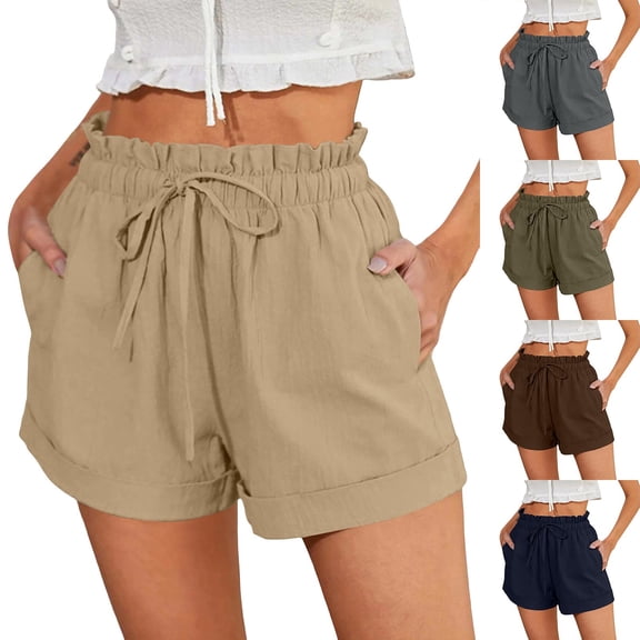 Casual Shorts for Women JIANLAI Casual Cotton Linen Shorts Elastic Drawstring Summer Beach Vacation Shorts Pockets (S-5XL) Brown