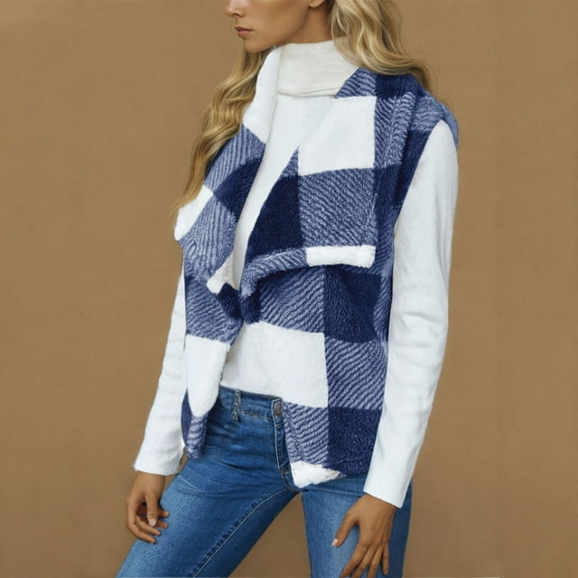 Chaqueta y abrigo informales sin mangas y sin capucha para mujer, chaqueta de invierno sin mangas con estampado a cuadros, cárdigan, abrigo de peluche con frente abierto, blusa de poliéster para mujer