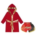 thumbnail image 3 of Eandarui Kids Boys Boxing Outfit Metallic Satin Hooded Sports Muay Thai Robe Grown Cloak with Belt A3 8, 3 of 5