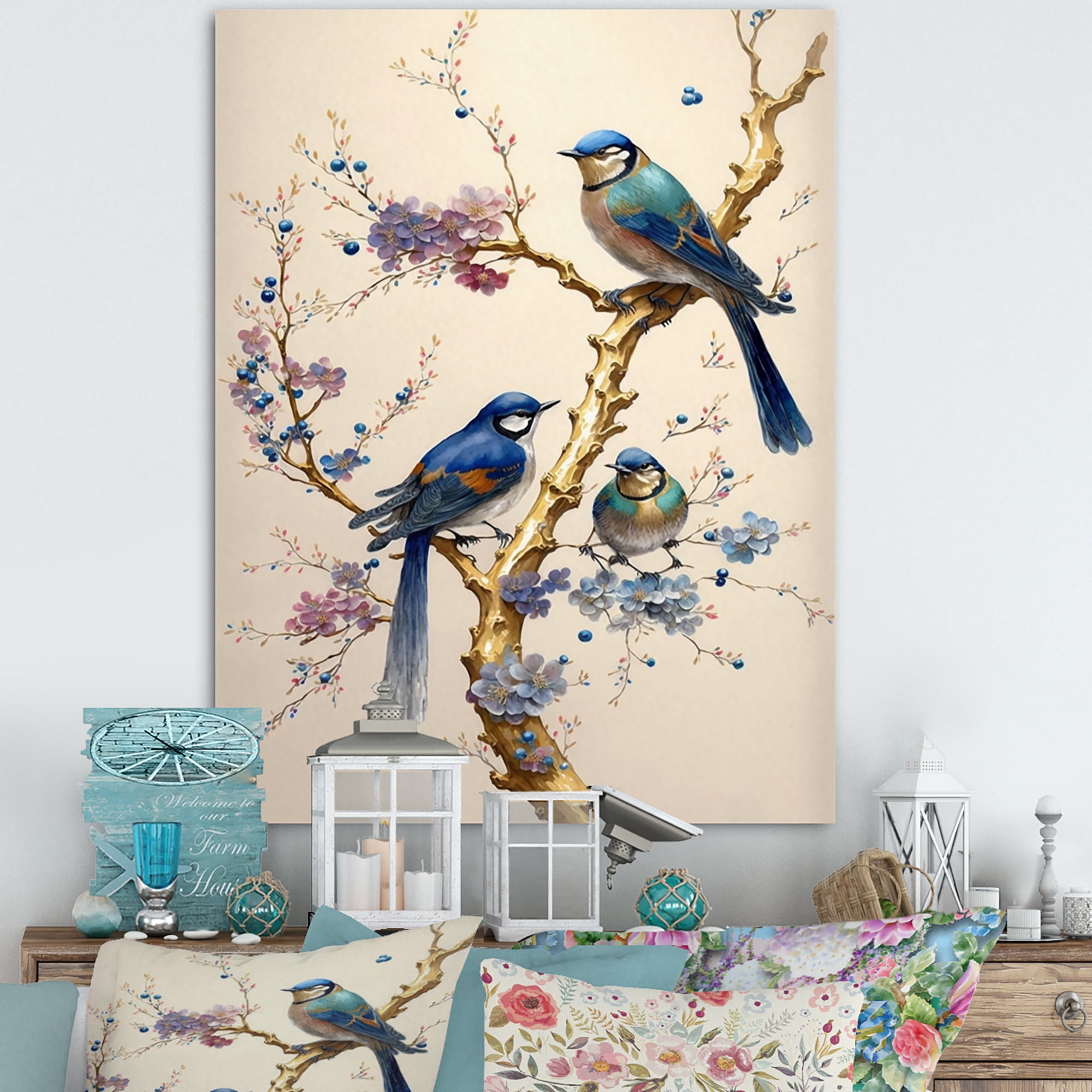 Designart Multicolor Birds On Plum Blossoms Tree VII Canvas Wall Art