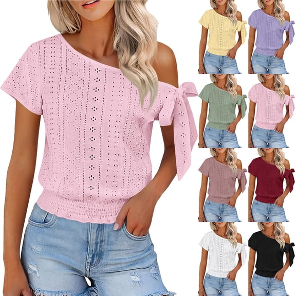 Miluxas Women's Trendy One Shoulder Blouse - Eyelet Lock Knit Short Sleeve Top with Bow Tie Smocked Hem Solid Tunic Shirts Summer Beach Outfits Yellow
