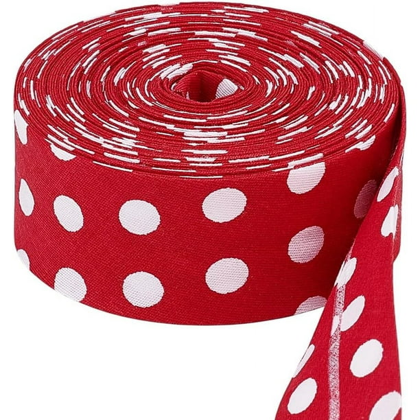 Cinta al bies de 10 m (10,9 yardas/10 m) de un solo pliegue, cintas rojas con lunares blancos, cinta de poliéster de 30 mm (1,18") de un solo pliegue