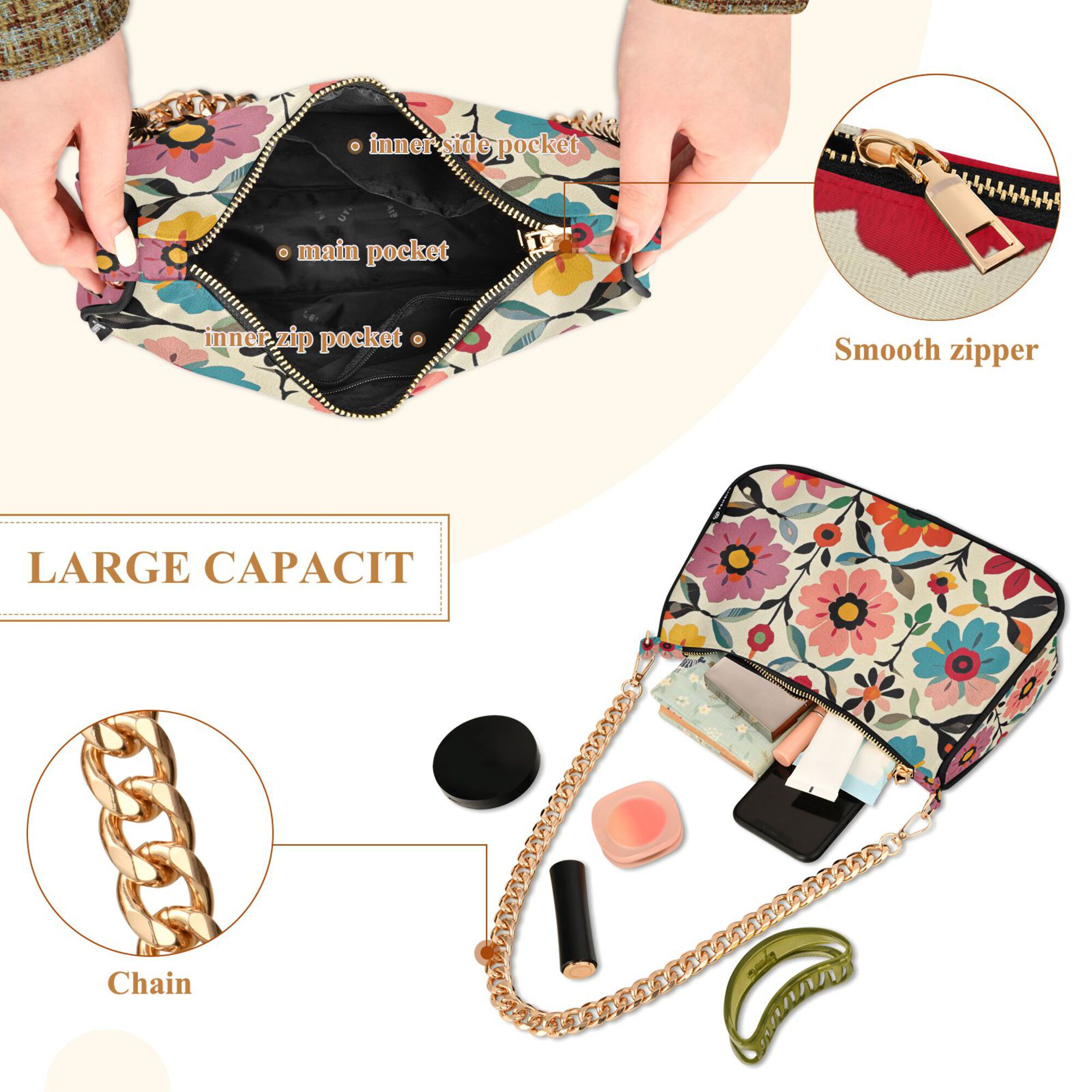 FORMRS Womens Shoulder Bag with Chain Strap Clutch Purse Cute Tote Handbag, Colorful Flowers
