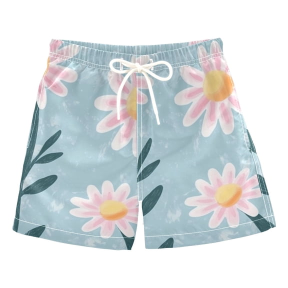 Pink Daisy Flat Illustration Boys Swim Trunks Quick Dry Boy Swim Shorts for 3-14 Years